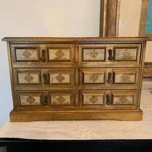 Vintage MCM Gold Gilt Large Wooden Florentine 6 Drawer Jewelry/Music Box No Key
